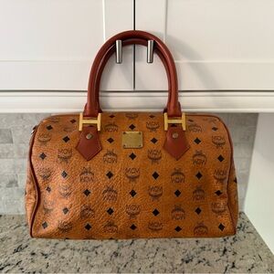 MCM EUC Visetos Boston Satchel w/Signature Monogram and Gold Hardware Large